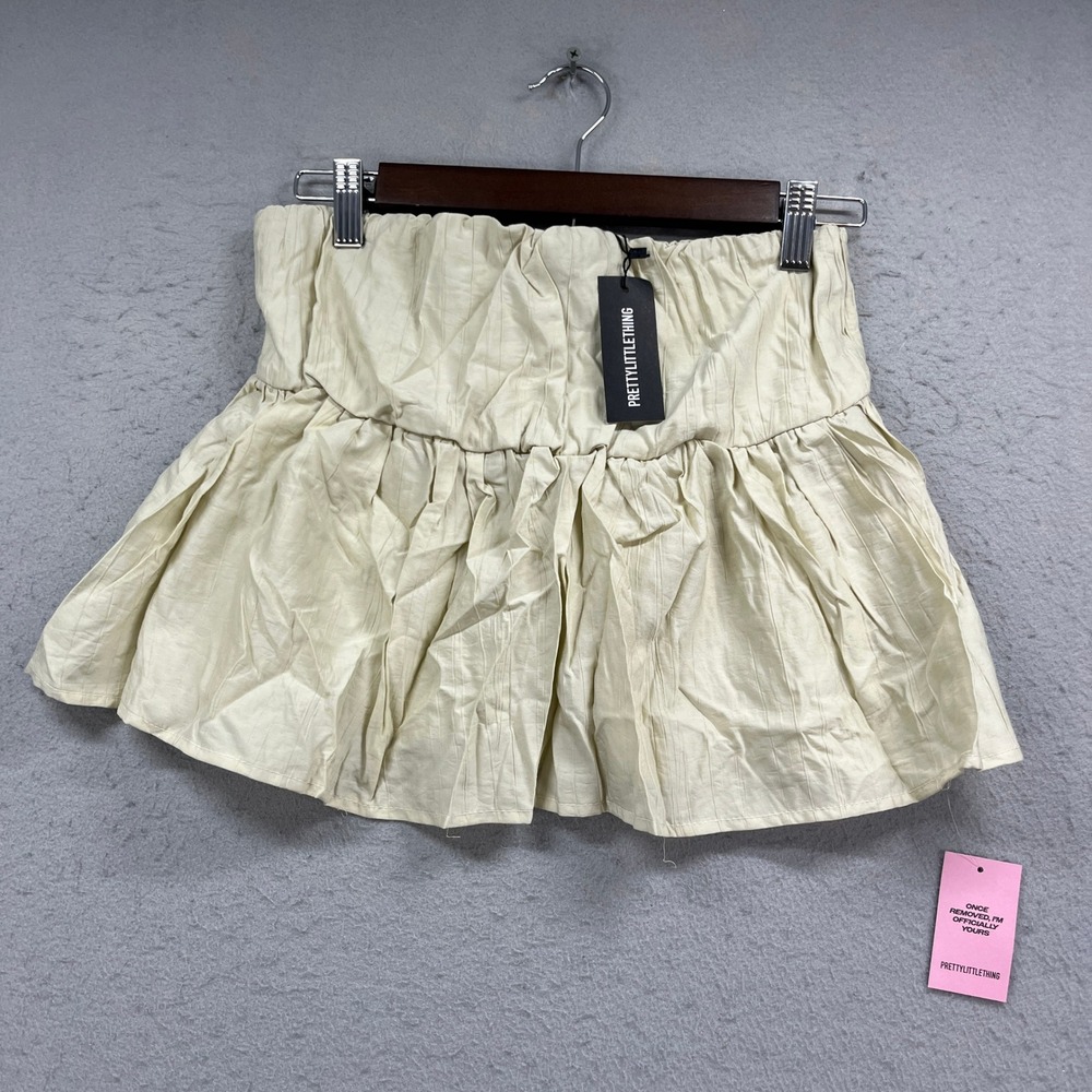 PrettyLittleThing Bandeau Top Womens 8 Cream Textured Long Peplum Ruffle Summer